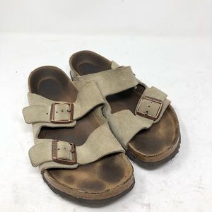Birkenstock Taupe Suede Double Strap Sandals with Copper Buckles